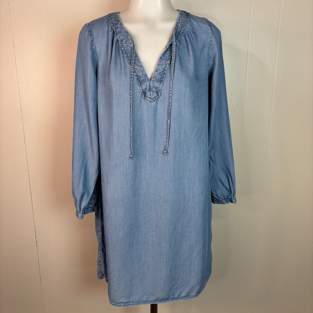 Old Navy‎ Shift Dress Small Blue Chambray Tie-Neck Long Sleeves Casual Women's